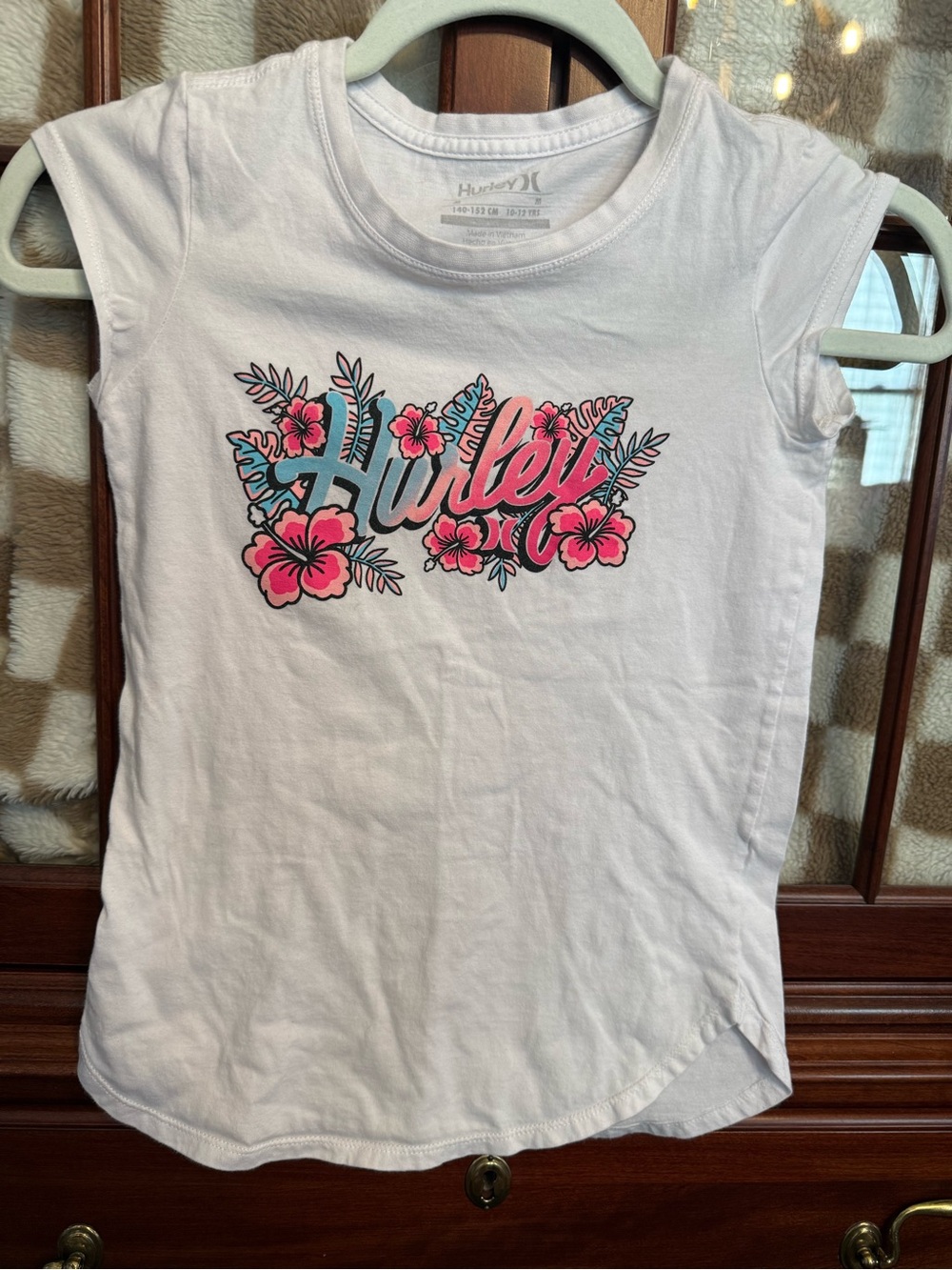 Hurley White Tee with Pink & Teal Floral Logo